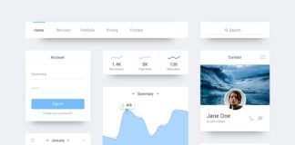 Ocean Flat UI freebie is a clean and minimal UI kit with diffused shadows, including everything from buttons and menus to graphs and media controls & more.
