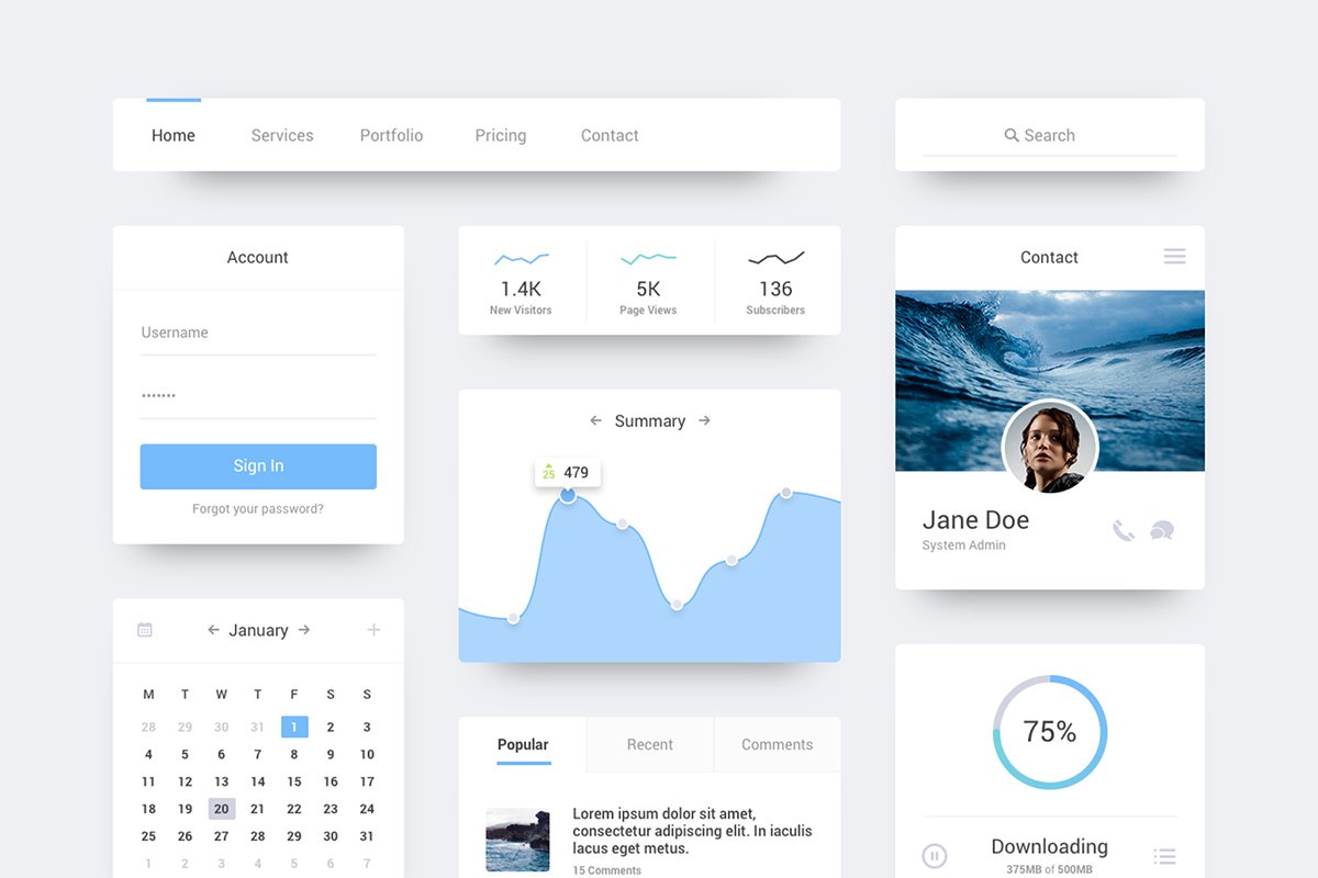 Ocean Flat UI freebie is a clean and minimal UI kit with diffused shadows, including everything from buttons and menus to graphs and media controls & more.