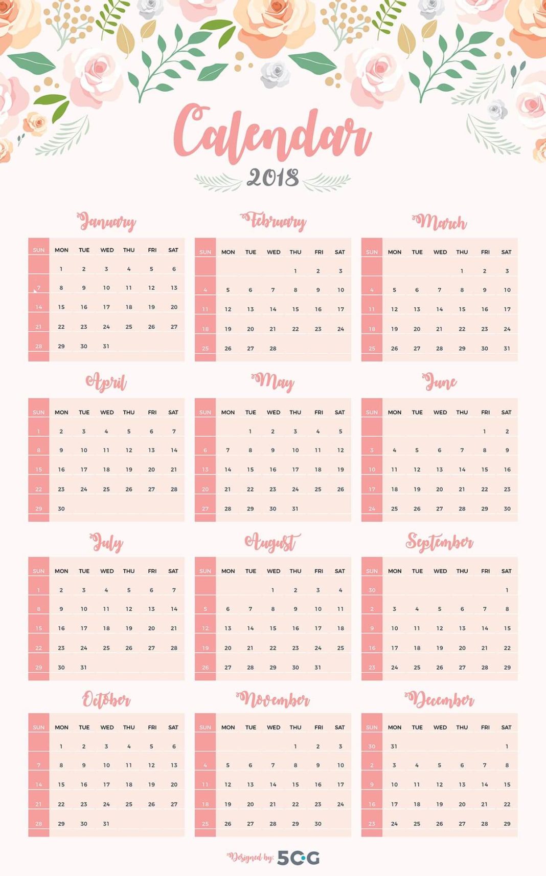 Free One Page 2018 Printable Wall Calendar Design Template Creativetacos