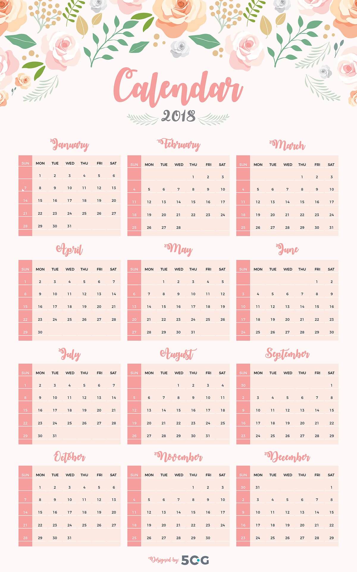 Free One Page 2018 Printable Wall Calendar Design Template