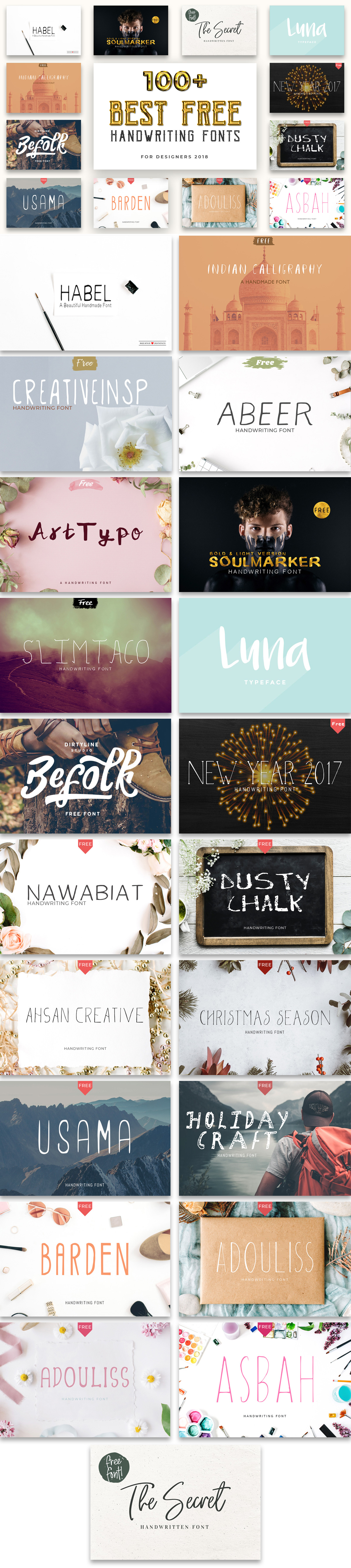Do you love free fonts the way I do? If so, then you’re going to enjoy my list of the 100 best free #handwritten fonts for you to use in your 2018 handmade design and craft projects! These #professional fonts are a lifesaver for designers, enjoy them. This collection contains 100 best #handwriting fonts with some clean brush fonts, this collection is full of awesome and unique creative free #fonts for your personal #creative projects.