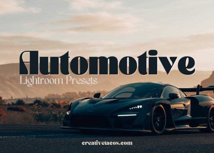 This image features an advertisement for Automotive Lightroom Presets, showing a sleek sports car on a scenic road at sunset. The presets, available at creativetacos.com, are designed to enhance automotive photography with striking colors and details.