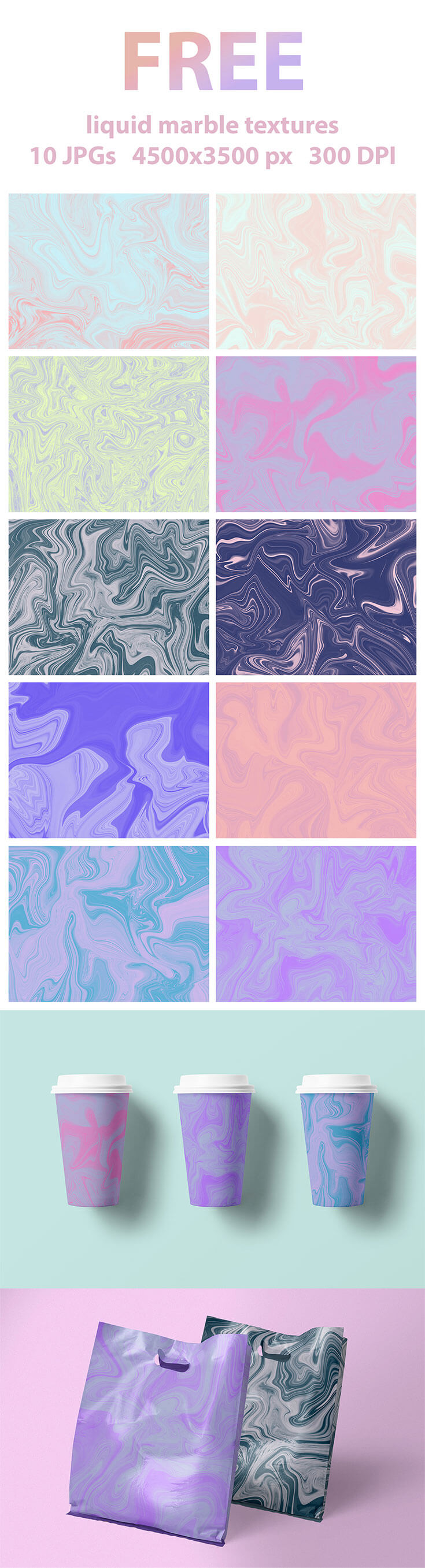 Free #Liquid #Marble #Textures Pack contains 15 textures, great for distressing your graphic designs and illustrations. You can use them for backgrounds, business cards, textile printing, editorial design, greeting cards, banners, etc.