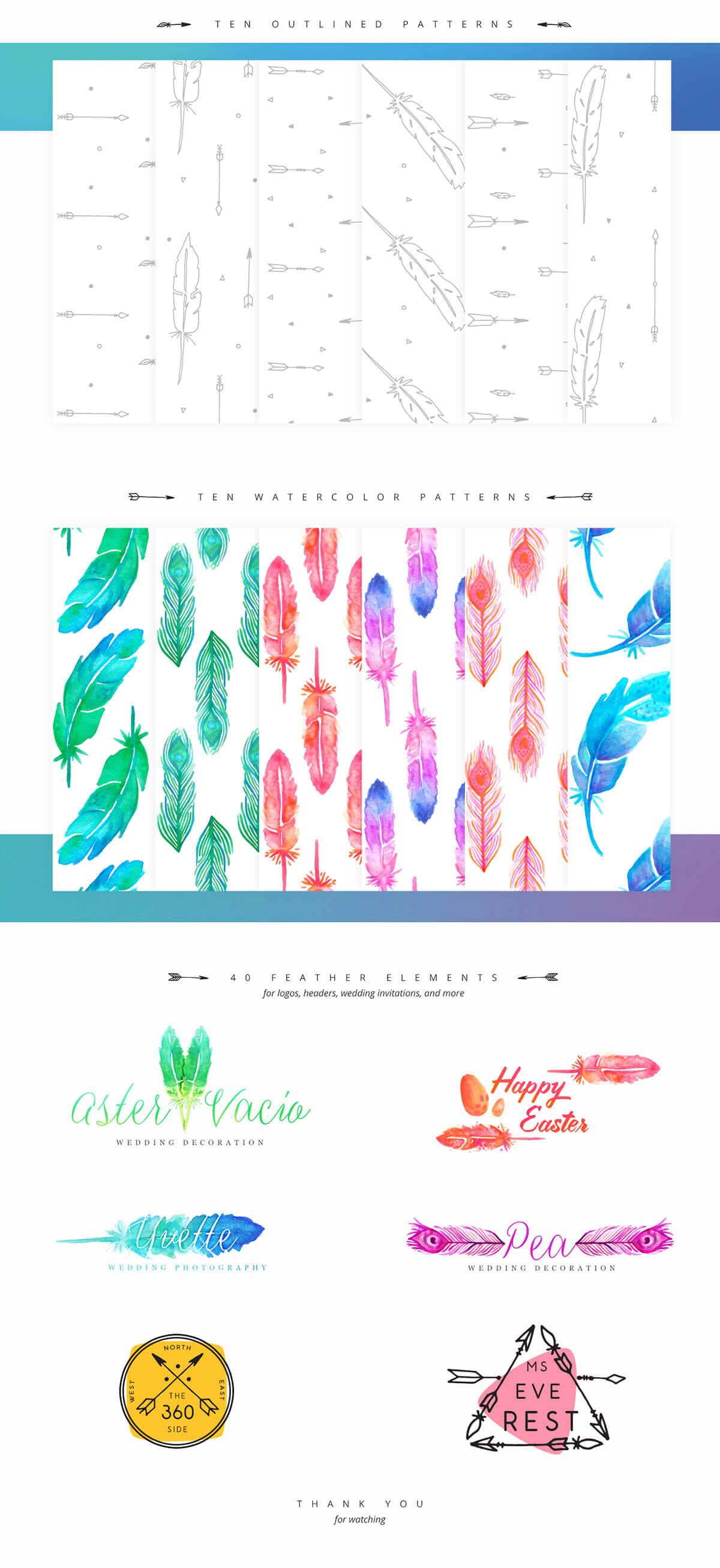60 Free Watercolor Feather Elements