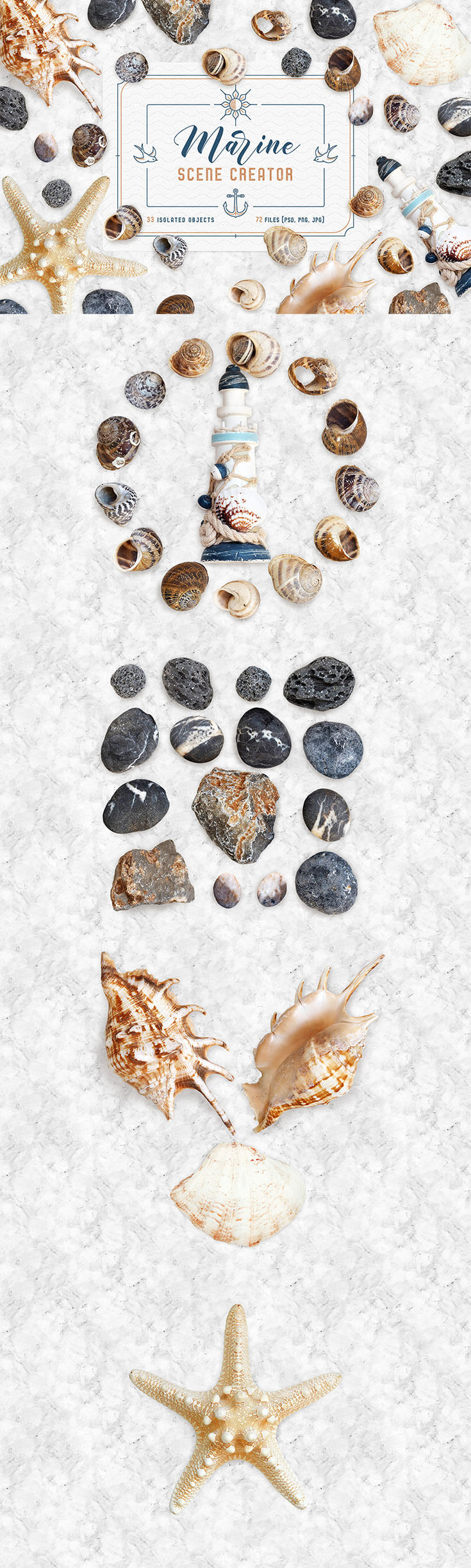 Free Marine #Scene #Creator #Mockup are coming from TimXez. It is available in a neat PSD format with smart layer to make your work easier. All the elements are movable. This mockup scene contains collection of various marine objects, for ex: Stones, Little shells, Big shells, Starfish, and Souvenir are isolated.
