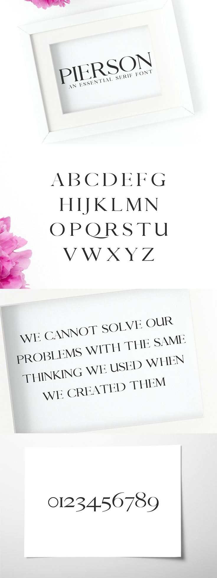Free Pierson Serif Font is an #essential #serif #font. It comes with uppercase and number glyphs only. It can be used for headlines, posters, branding, packaging, presentations, logo, quotes, titles, magazines headings, web layouts, advertising, invitations, packaging design, books, and nearly any creative design.