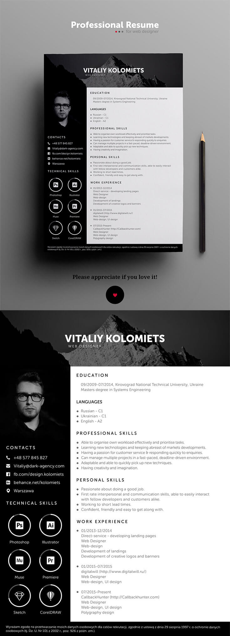 Free #Modern #Resume #Template is a professional template specially design for graphic and web designers. It is available in PSD file format. Moreover, you can change the photos, colors and other stuff according to your need. It's very helpful to make your professional resume and are perfect for designers, photographers, and developers.