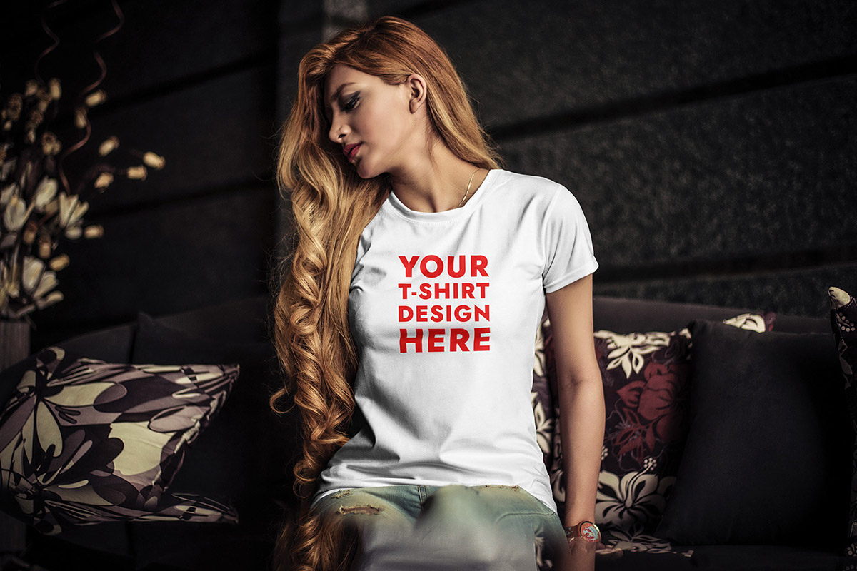 Free Young Woman T-Shirt Mockup