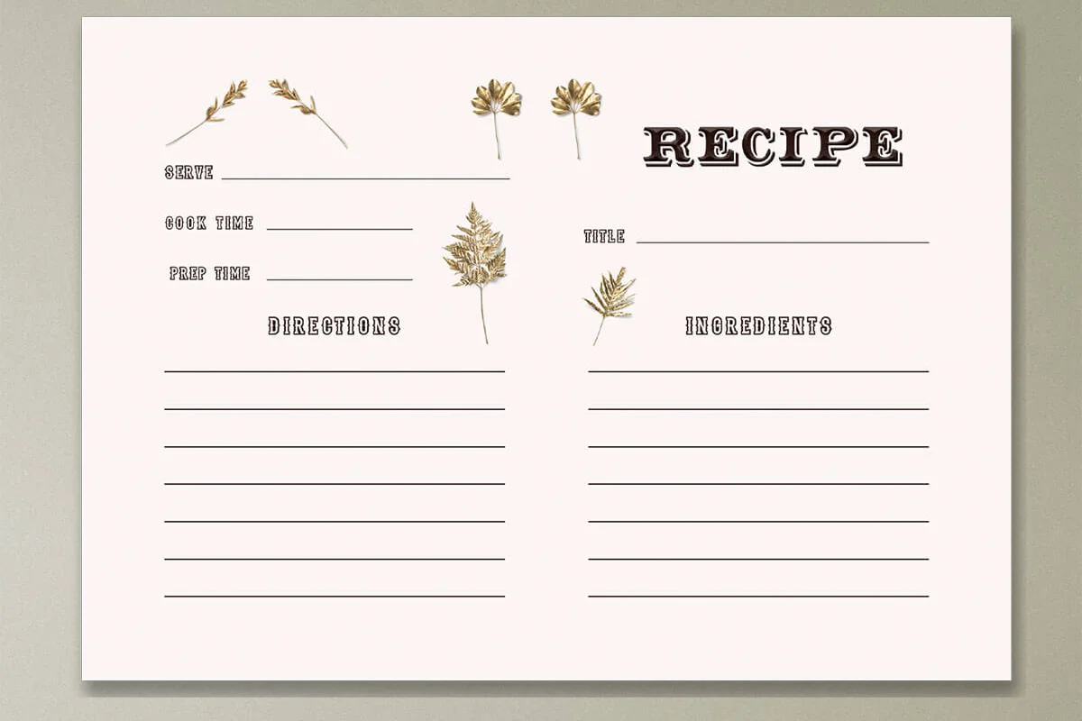 Golden Floral Recipe Card Template Preview 2