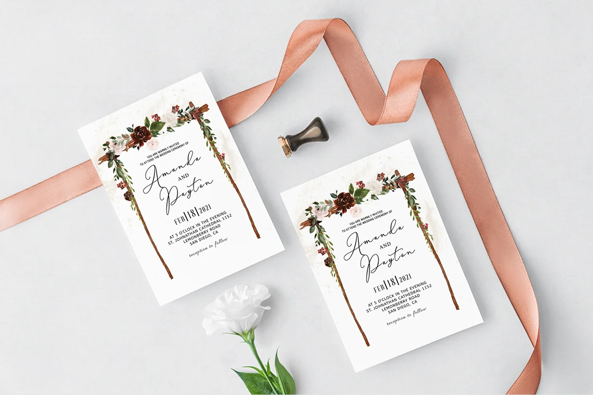 Burgundy Floral Arch Wedding Invitation Preview 1