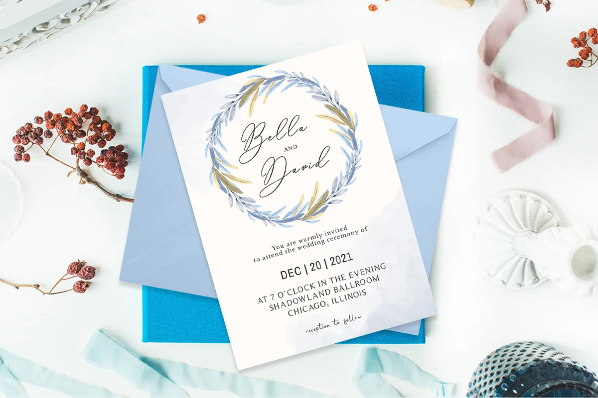 Blue Floral Watercolor Wedding Invitation Template Preview 1