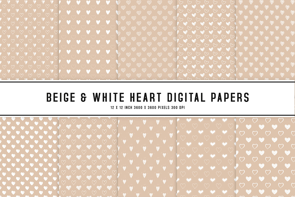 Beige & White Heart Digital Papers