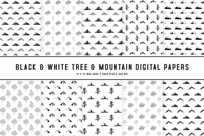 Black & White Tree & Mountain Digital Papers