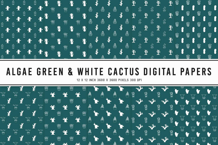 Algae Green & White Cactus Digital Papers
