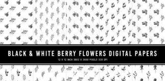Black & White Berry Flowers Digital Papers