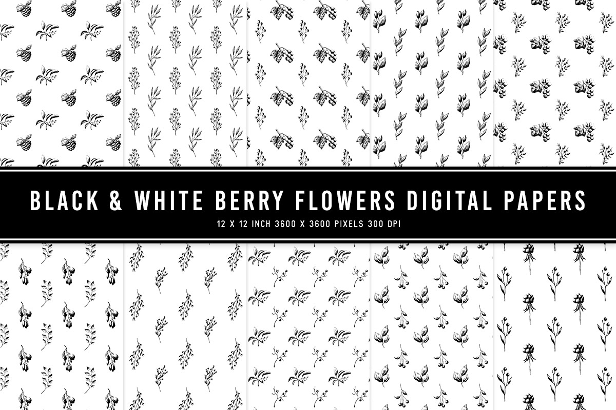Black & White Berry Flowers Digital Papers