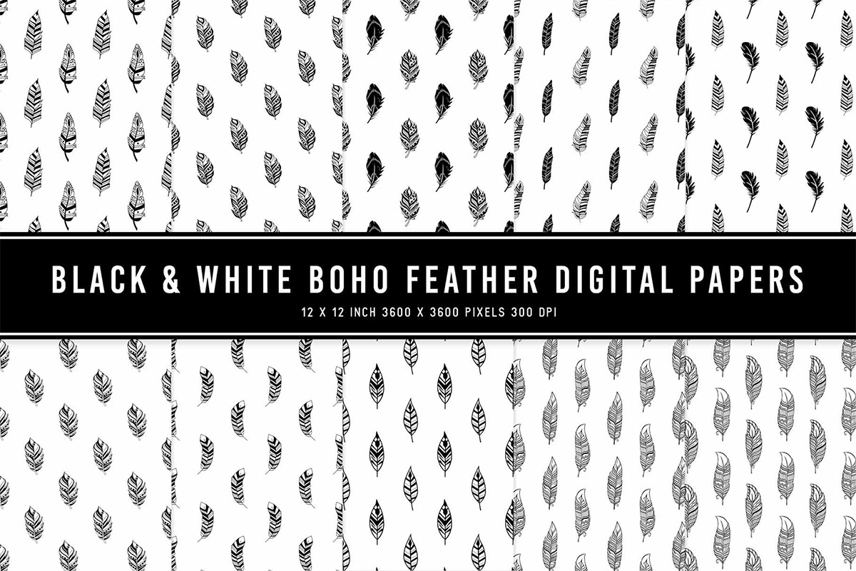 Black & White Boho Feather Digital Papers
