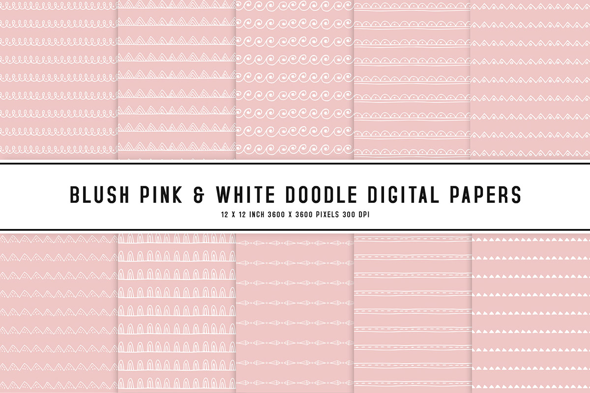 Blush Pink & White Doodle Digital Papers