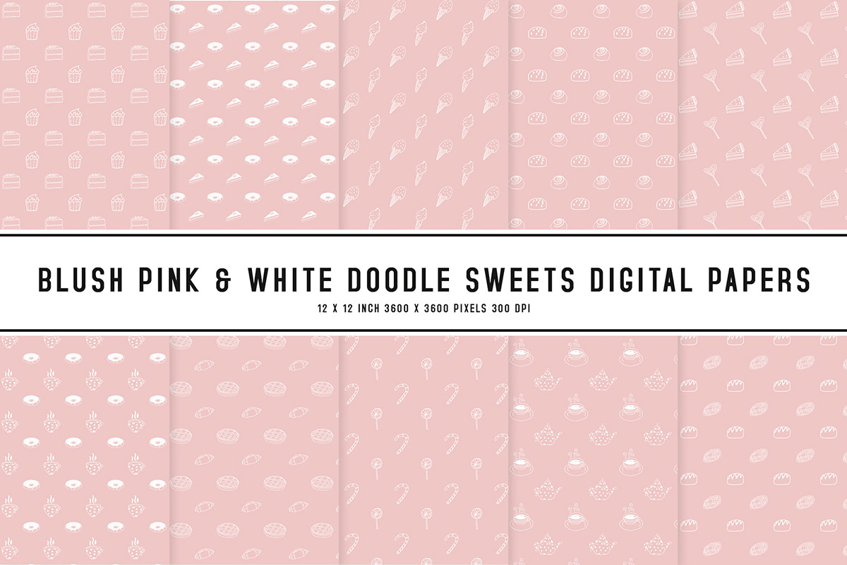 Blush Pink & White Doodle Sweets Digital Papers