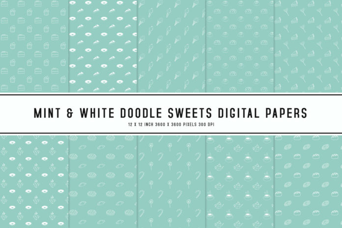 Mint & White Doodle Sweets Digital Papers
