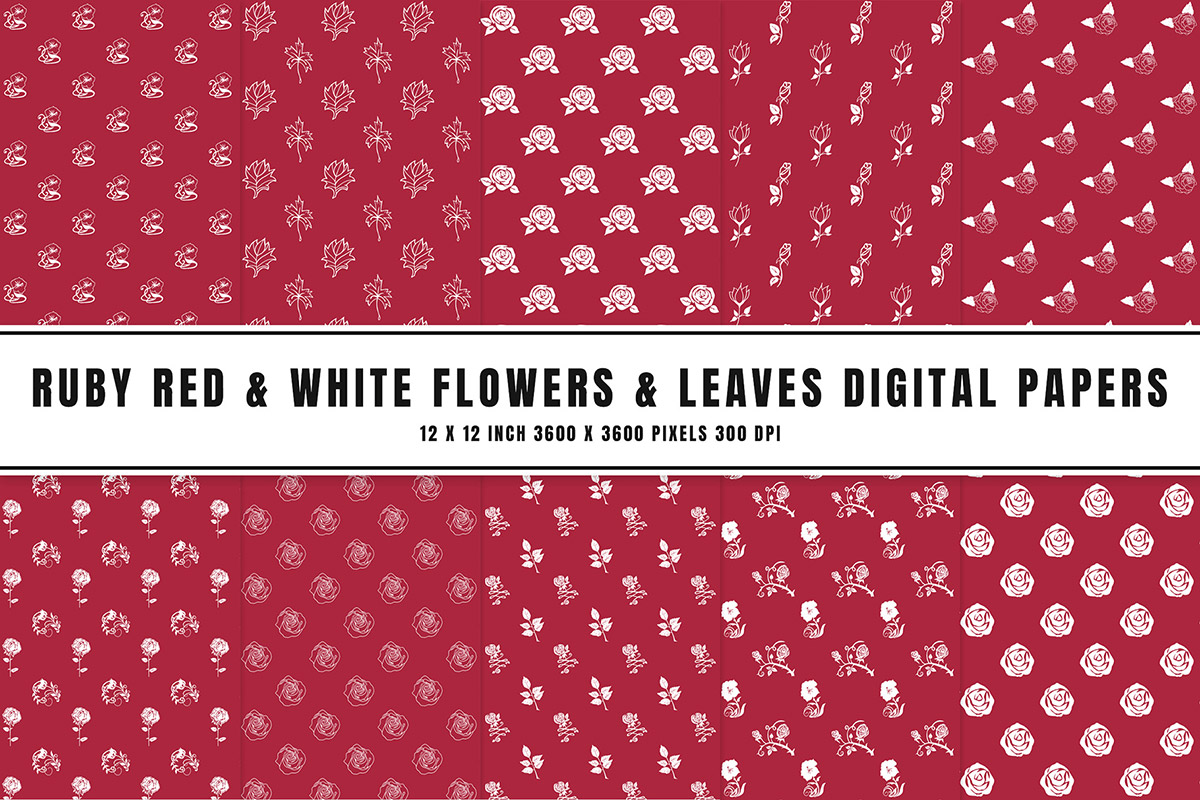 Ruby Red & White Flowers & Leaves Digital Papers