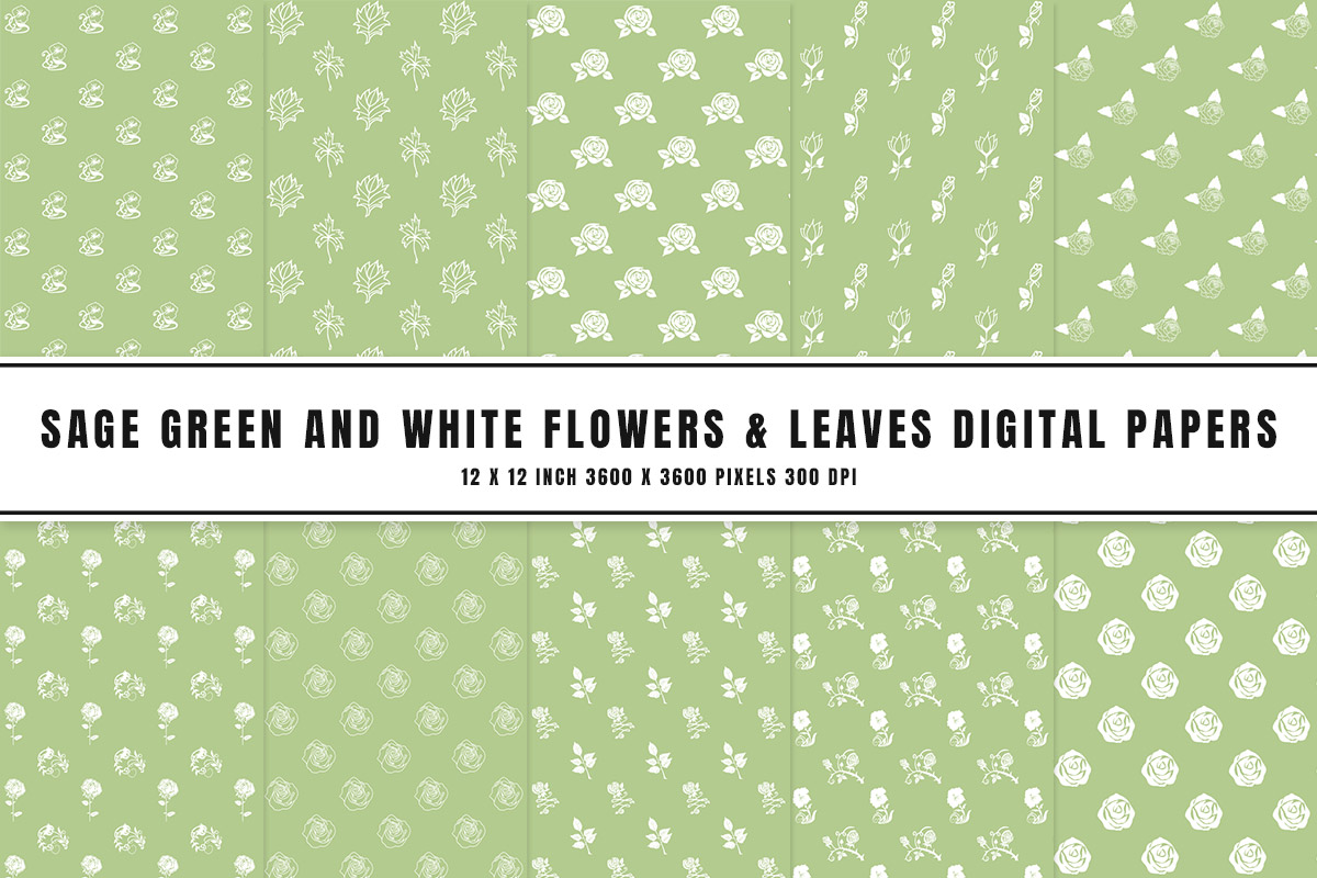 Sage Green And White Flowers & Leaves Digital Papers