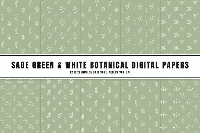 Sage Green & White Botanical Digital Papers