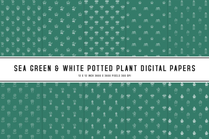 Sea Green & White Potted Plant Digital Papers