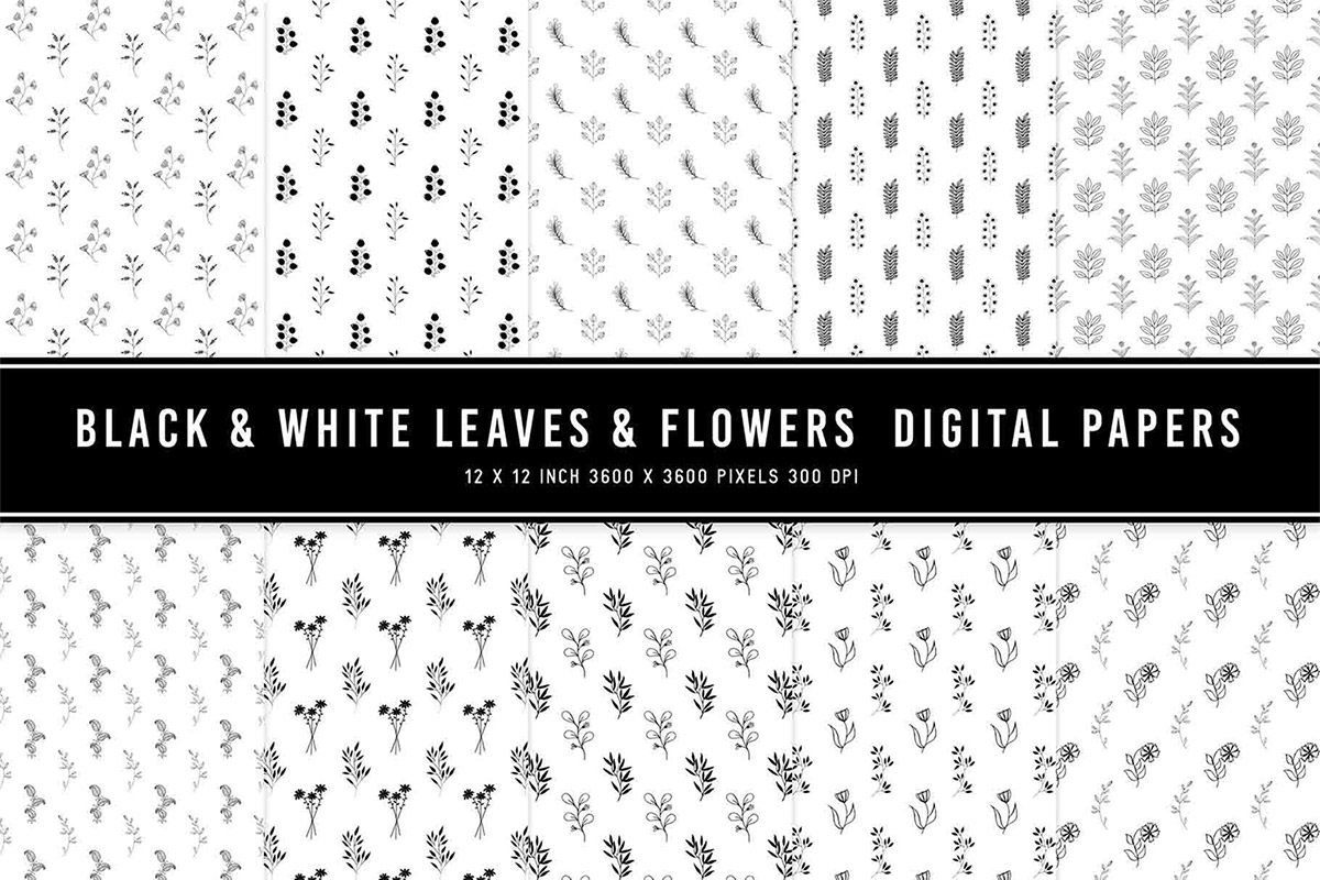 Black & White Leaves & Flowers Digital Papers