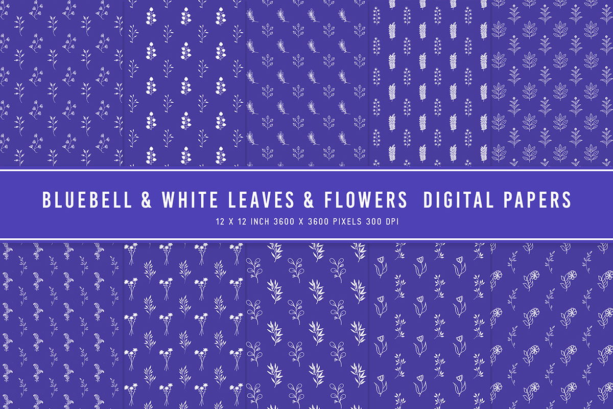 Bluebell & White Leaves & Flowers Digital Papers