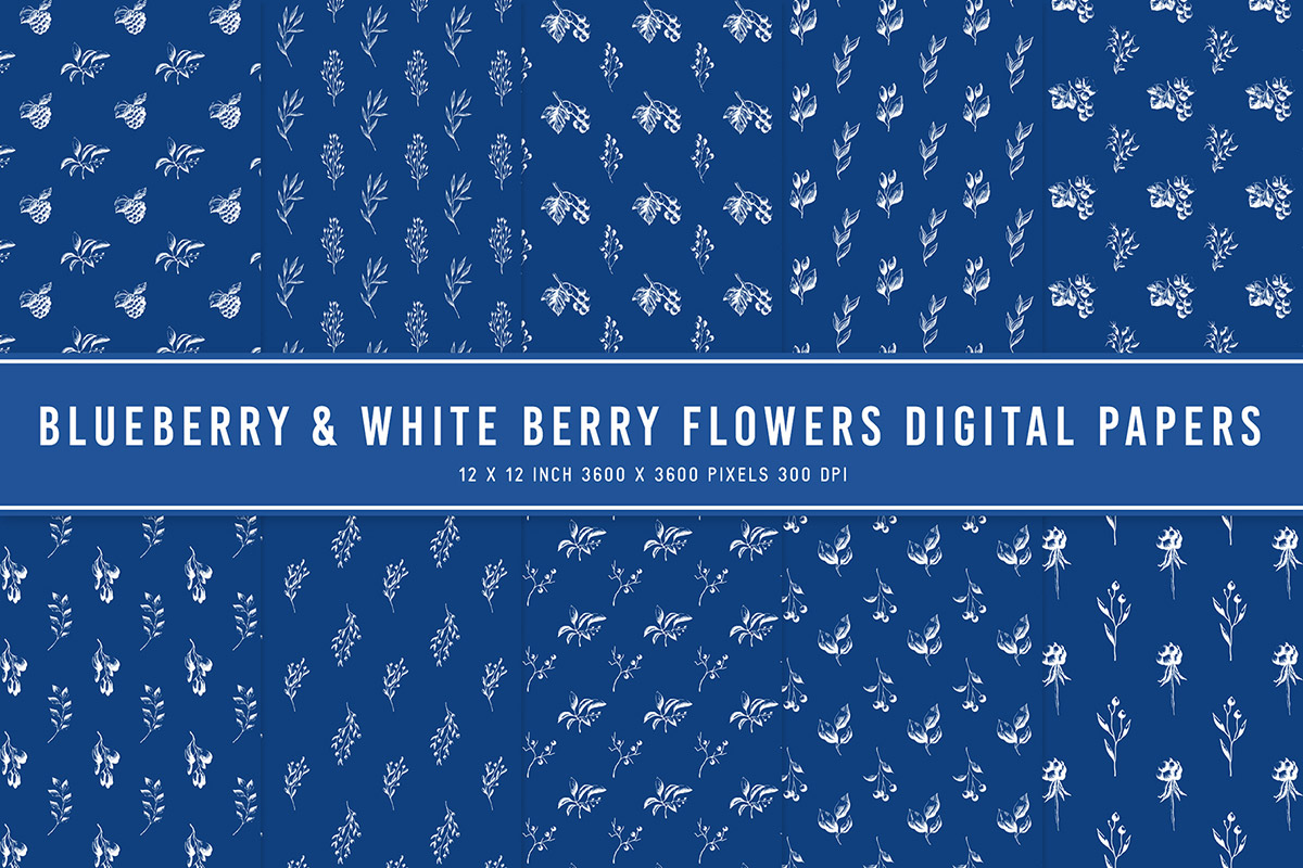 Blueberry & White Berry Flowers Digital Papers