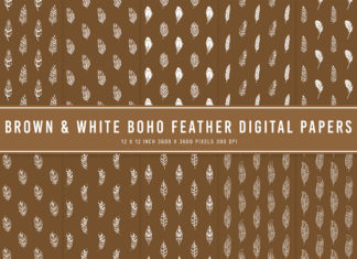 Brown & White Boho Feather Digital Papers
