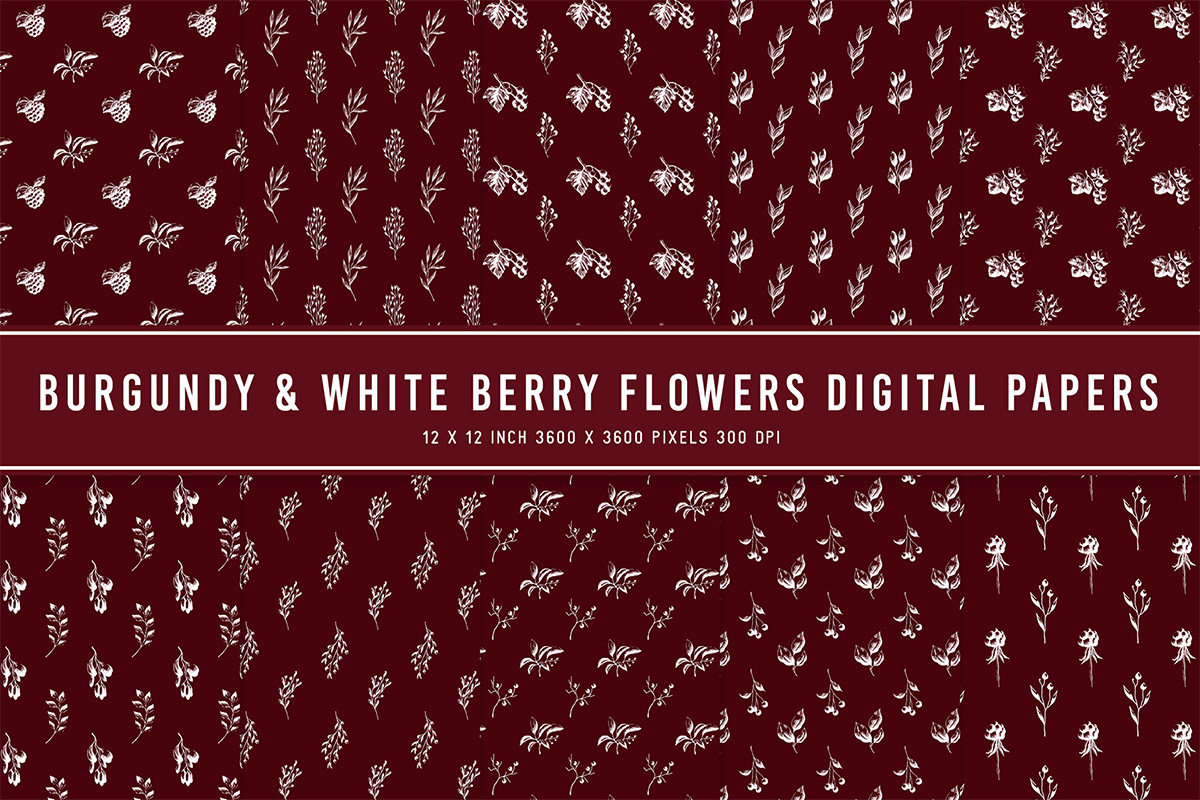 Burgundy & White Berry Flowers Digital Papers
