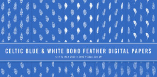 Celtic Blue & White Boho Feather Digital Papers