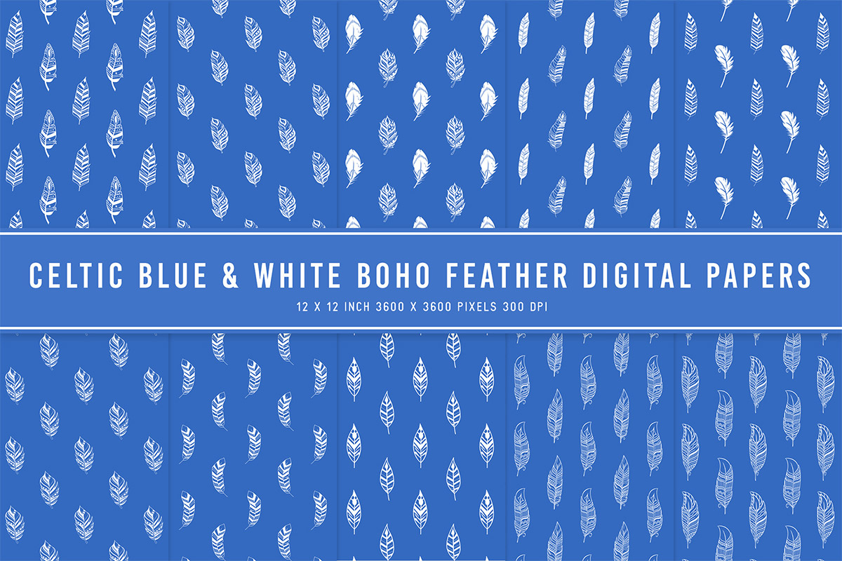 Celtic Blue & White Boho Feather Digital Papers