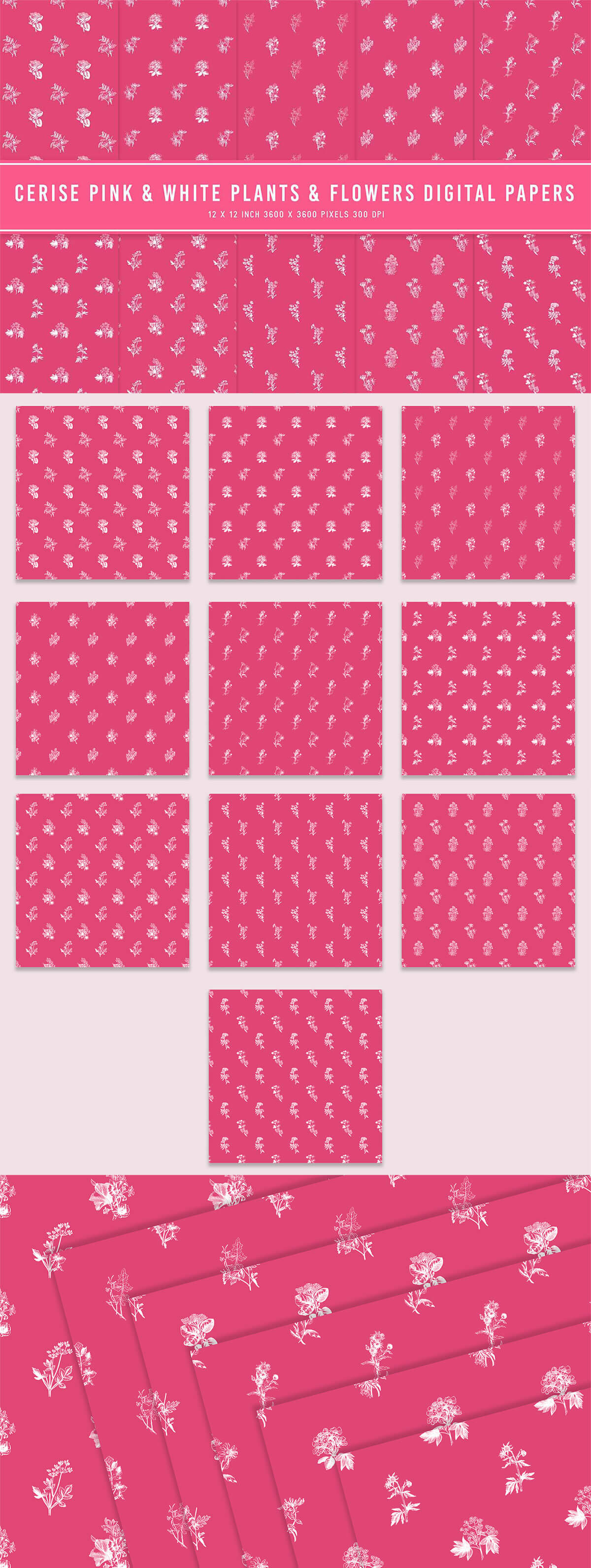 Cerise Pink & White Plants & Flowers Digital Papers