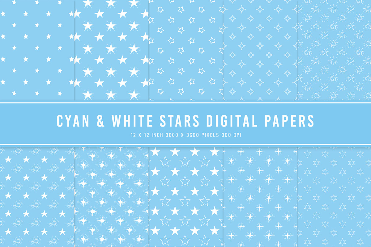 Cyan & White Stars Digital Papers