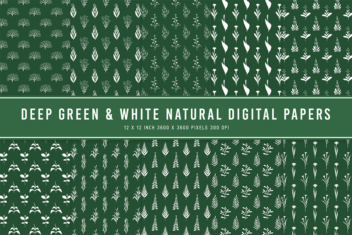 Deep Green & White Natural Digital Papers