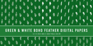 Green & White Boho Feather Digital Papers