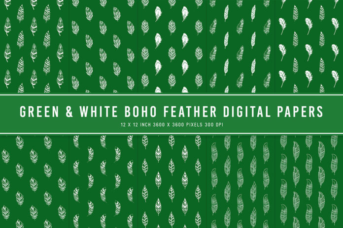 Green & White Boho Feather Digital Papers