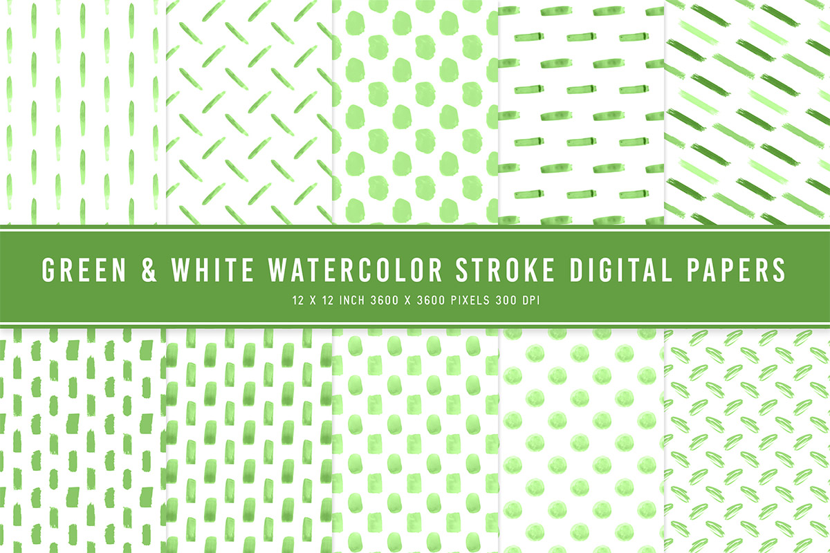 Green & White Watercolor Stroke Digital Papers