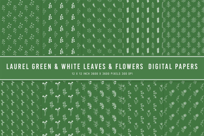Laurel Green & White Leaves & Flowers Digital Papers