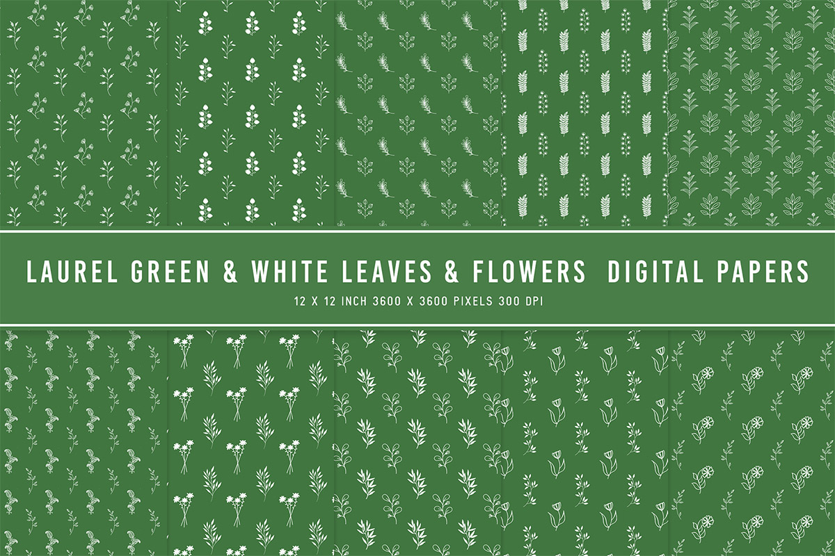 Laurel Green & White Leaves & Flowers Digital Papers