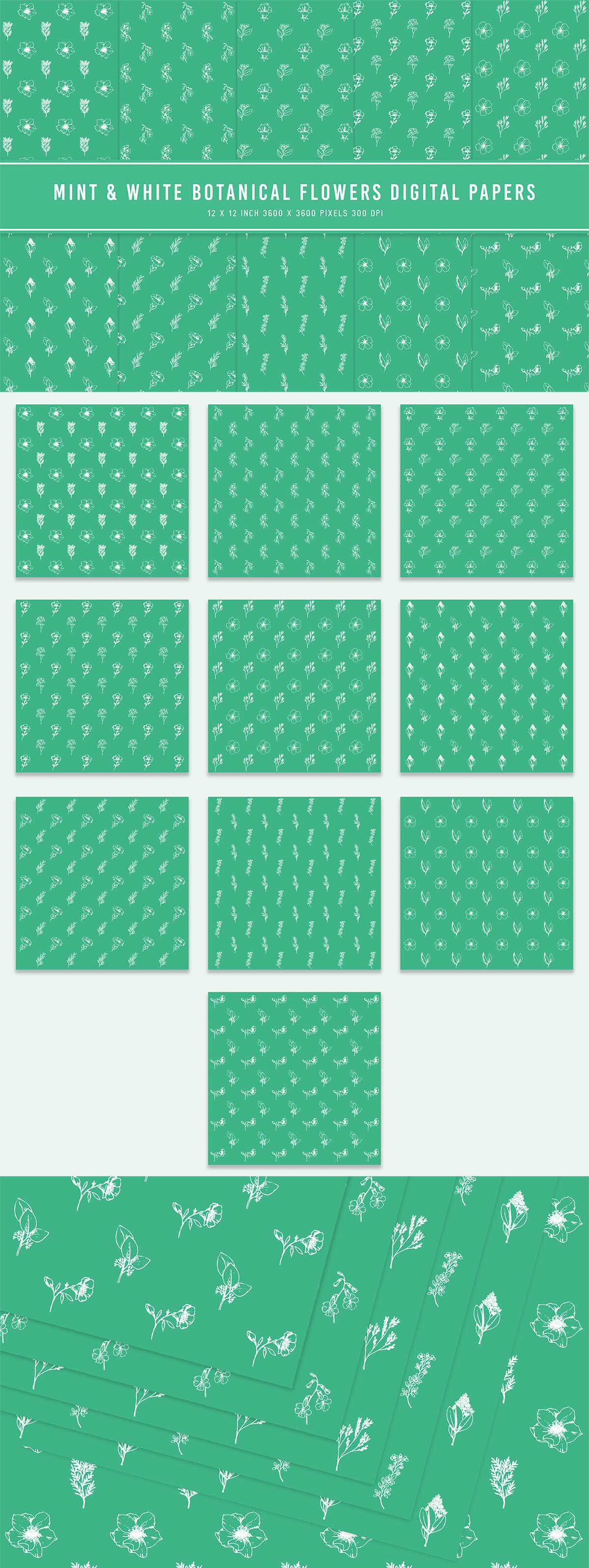 Mint & White Botanical Flowers Digital Papers