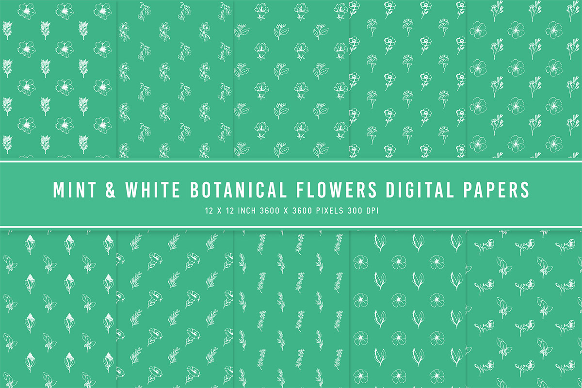 Mint & White Botanical Flowers Digital Papers