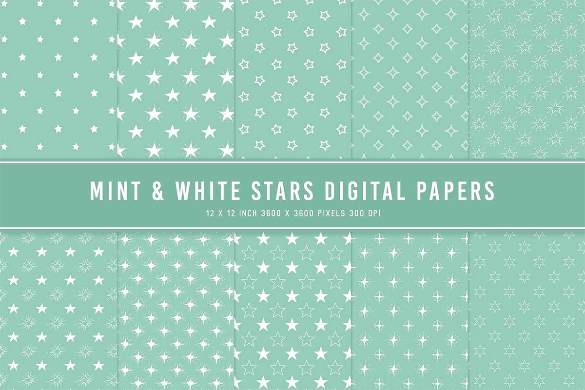 Mint & White Stars Digital Papers