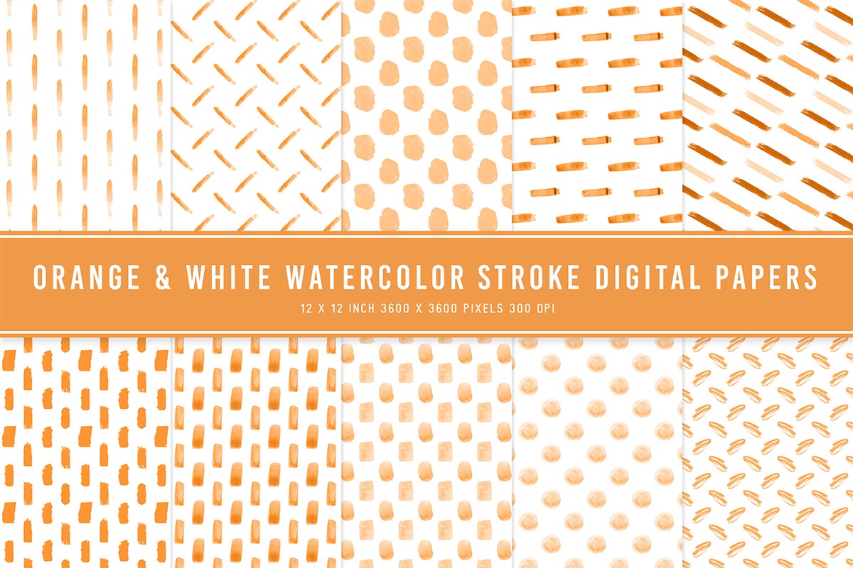 Orange & White Watercolor Stroke Digital Papers