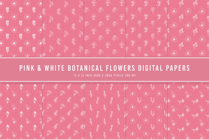 Pink & White Botanical Flowers Digital Papers