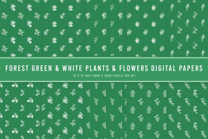 Forest Green & White Plants & Flowers Digital Papers