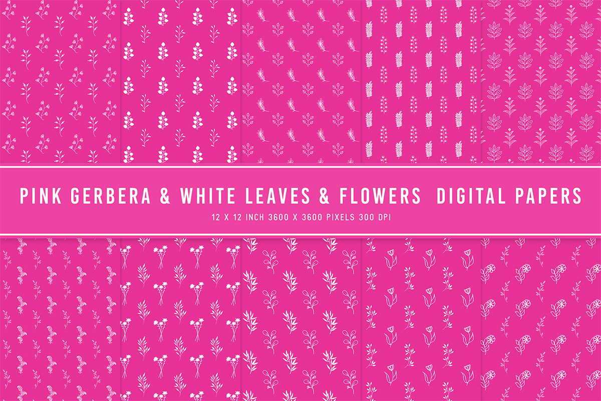 Pink Gerbera & White Leaves & Flowers Digital Papers